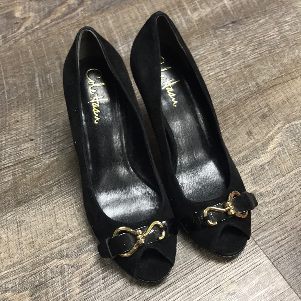 Black suede open toe heels